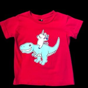 Graphic Tee Hot Pink Girls (S)4 Unicorn Riding a T-Rex